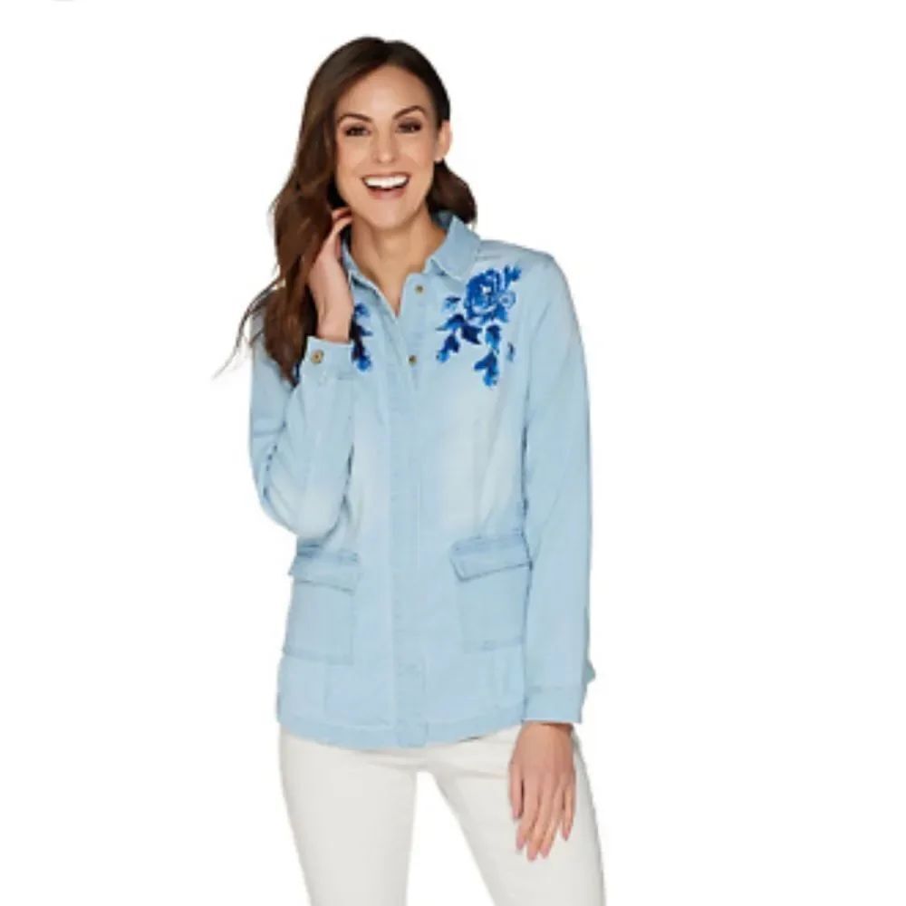 Isaac Mizrahi Live Light Blue Denim Embroidered Blue Floral Snap Jean Jacket